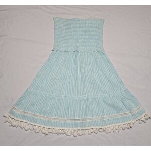 Blue Island Strapless Smocked Tassel Hem Dress Boho Stripe Medium Rayon Aqua ***